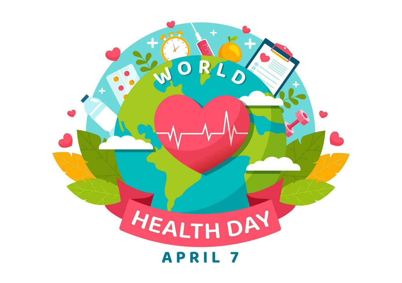 mundo salud día vector ilustración en abril 7mo con tierra y médico equipo para el importancia de sano y estilo de vida en dibujos animados antecedentes