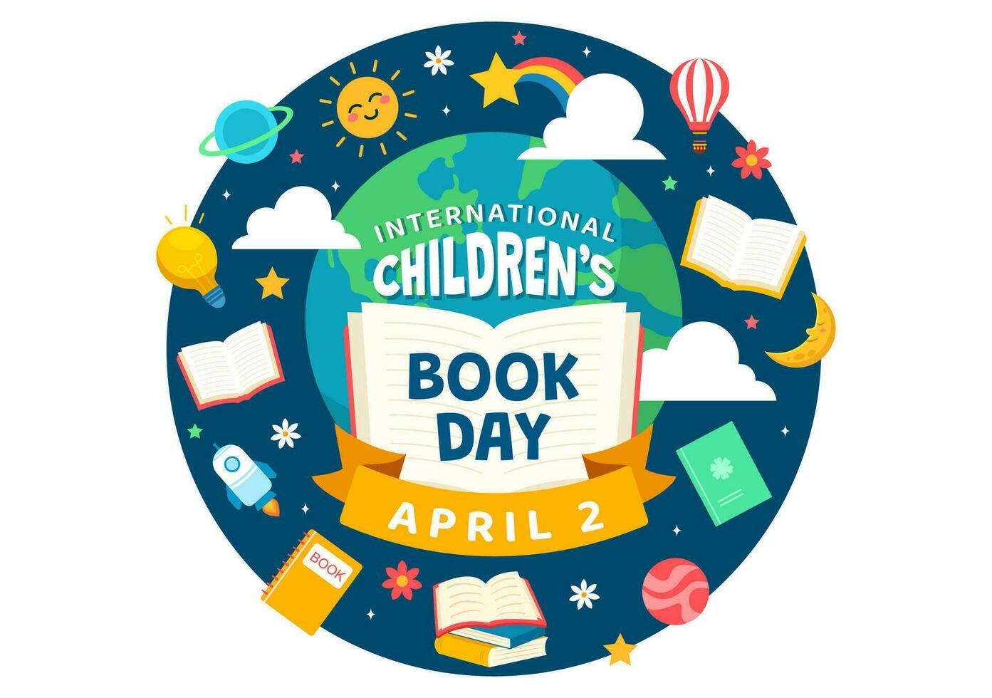 internacional para niños libro día vector ilustración en 2 abril con niños leyendo un libros y globo mapa en plano dibujos animados antecedentes diseño