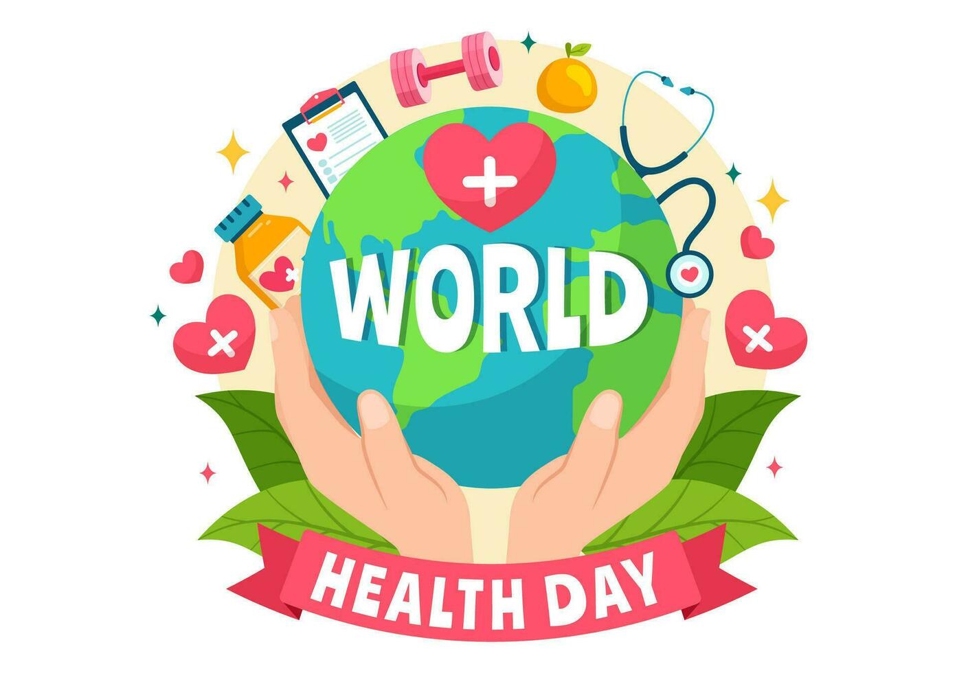 mundo salud día vector ilustración en abril 7mo con tierra y médico equipo para el importancia de sano y estilo de vida en dibujos animados antecedentes