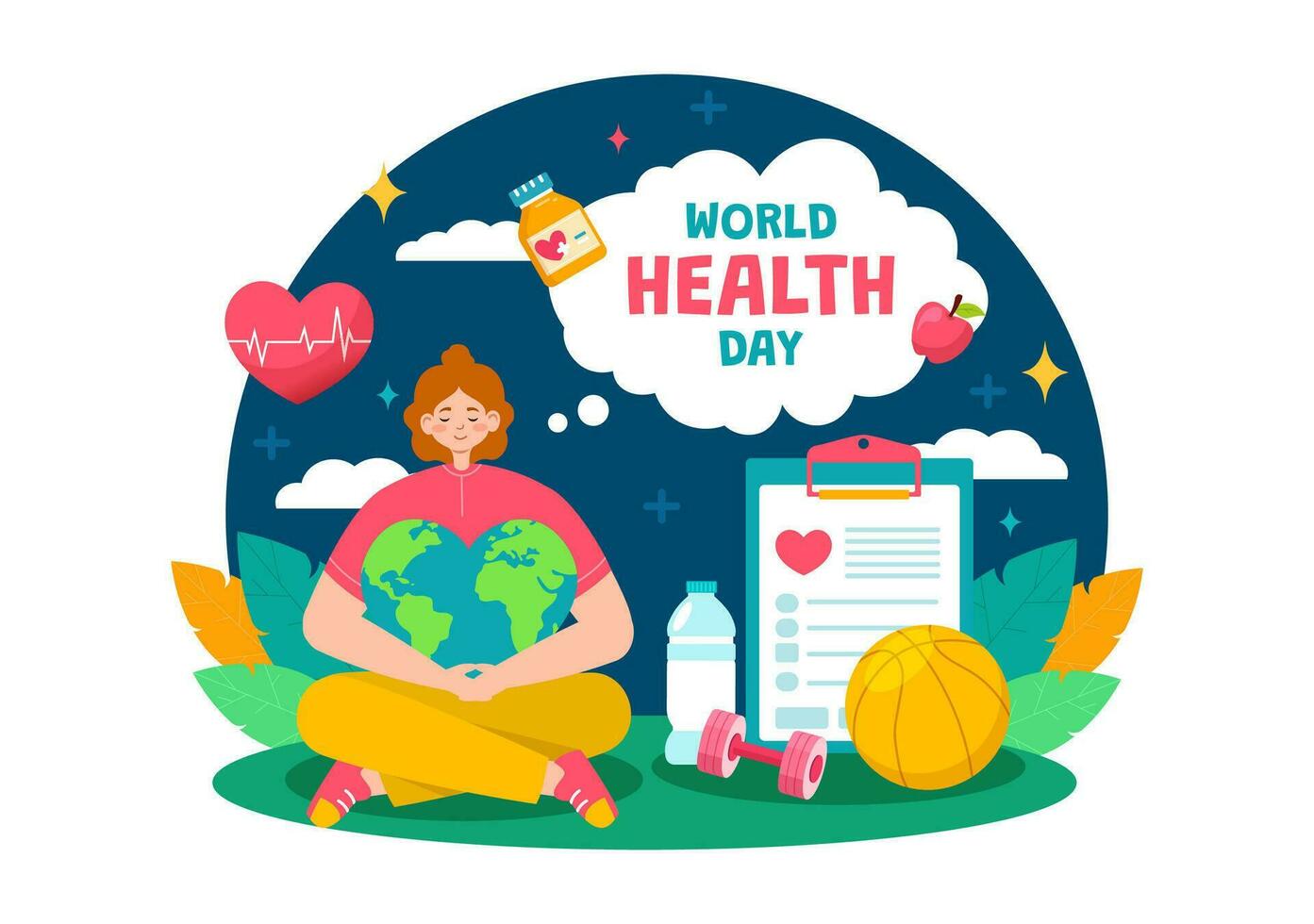 World Health Day Vector Illustration on April 7th with Earth and Medical Equipment for the Importance of Healthy and Lifestyle in Cartoon Background