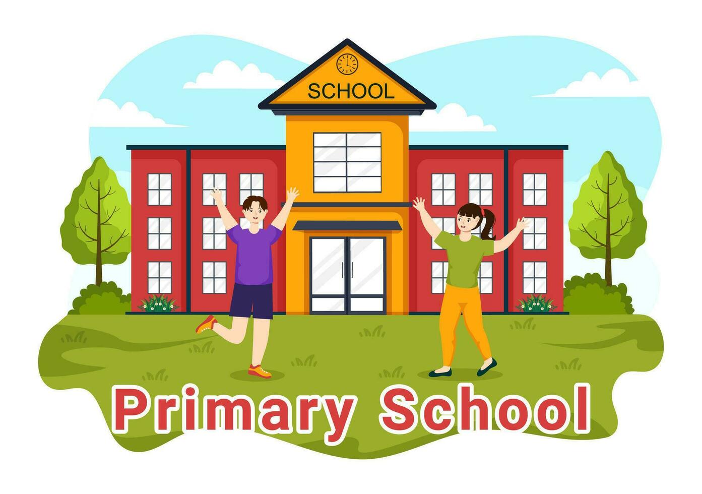 Primary School Vector Illustration of Students Children and School Building with The Concept of Learning and Knowledge in Flat Cartoon Background