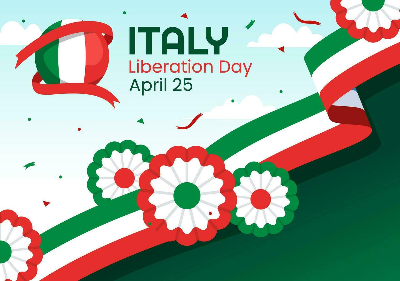 contento Italia liberación día vector ilustración en abril 25 con ondulación bandera italiano y cinta en fiesta fiesta plano dibujos animados antecedentes