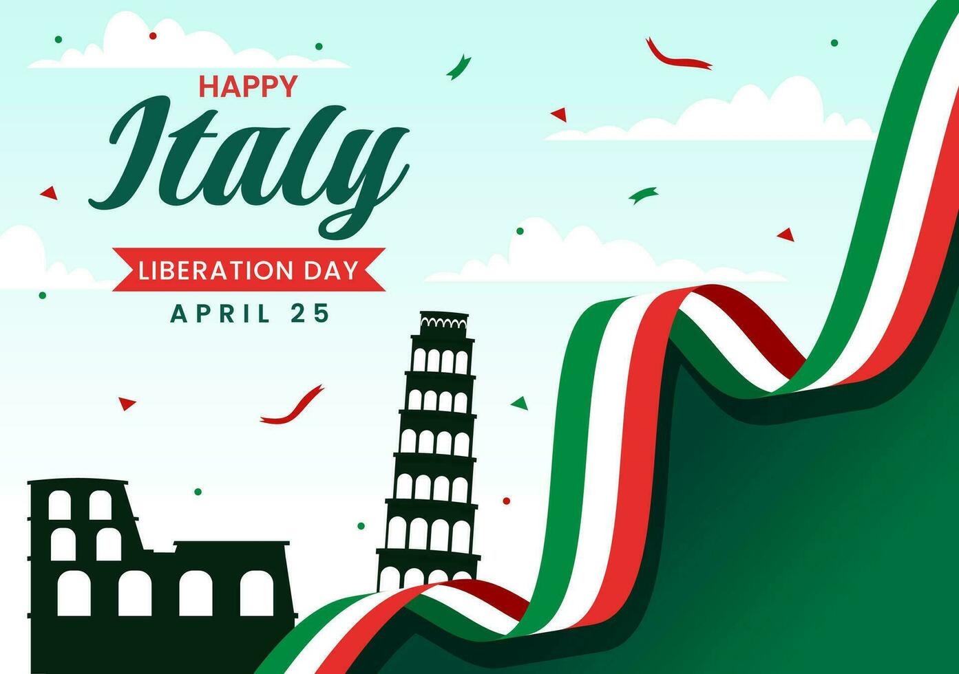 contento Italia liberación día vector ilustración en abril 25 con ondulación bandera italiano y cinta en fiesta fiesta plano dibujos animados antecedentes