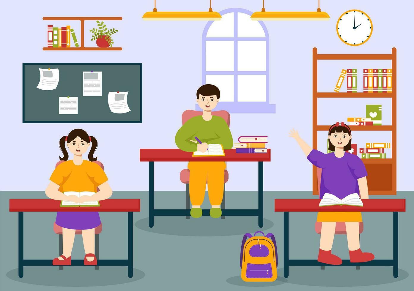 primario colegio vector ilustración de estudiantes niños y colegio edificio con el concepto de aprendizaje y conocimiento en plano dibujos animados antecedentes
