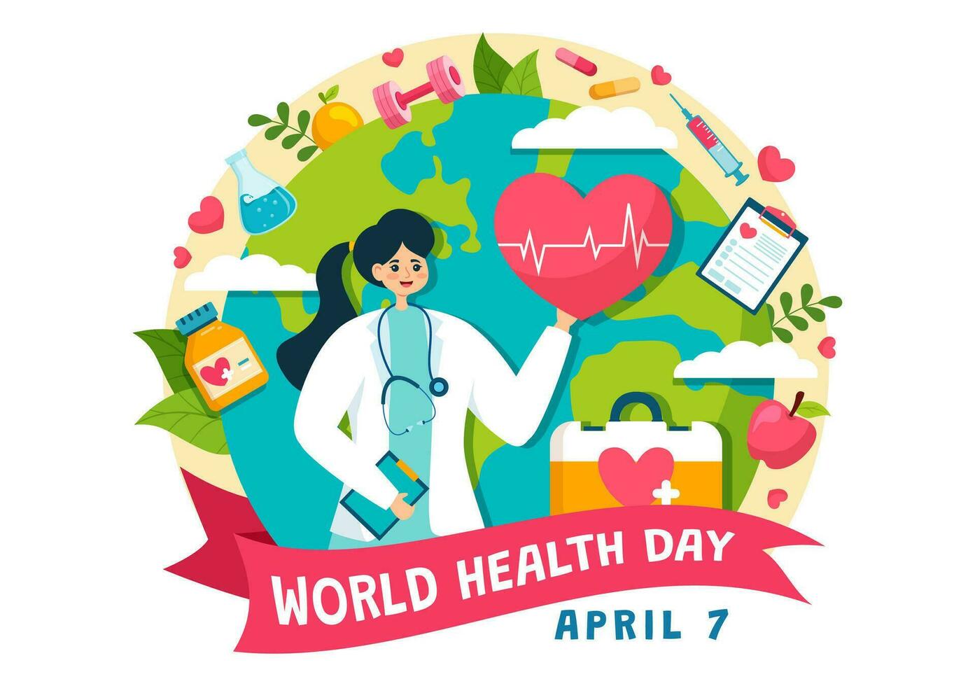 World Health Day Vector Illustration on April 7th with Earth and Medical Equipment for the Importance of Healthy and Lifestyle in Cartoon Background