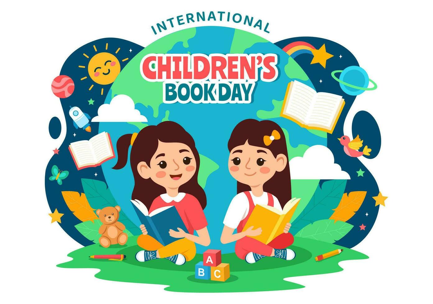 internacional para niños libro día vector ilustración en 2 abril con niños leyendo un libros y globo mapa en plano dibujos animados antecedentes diseño