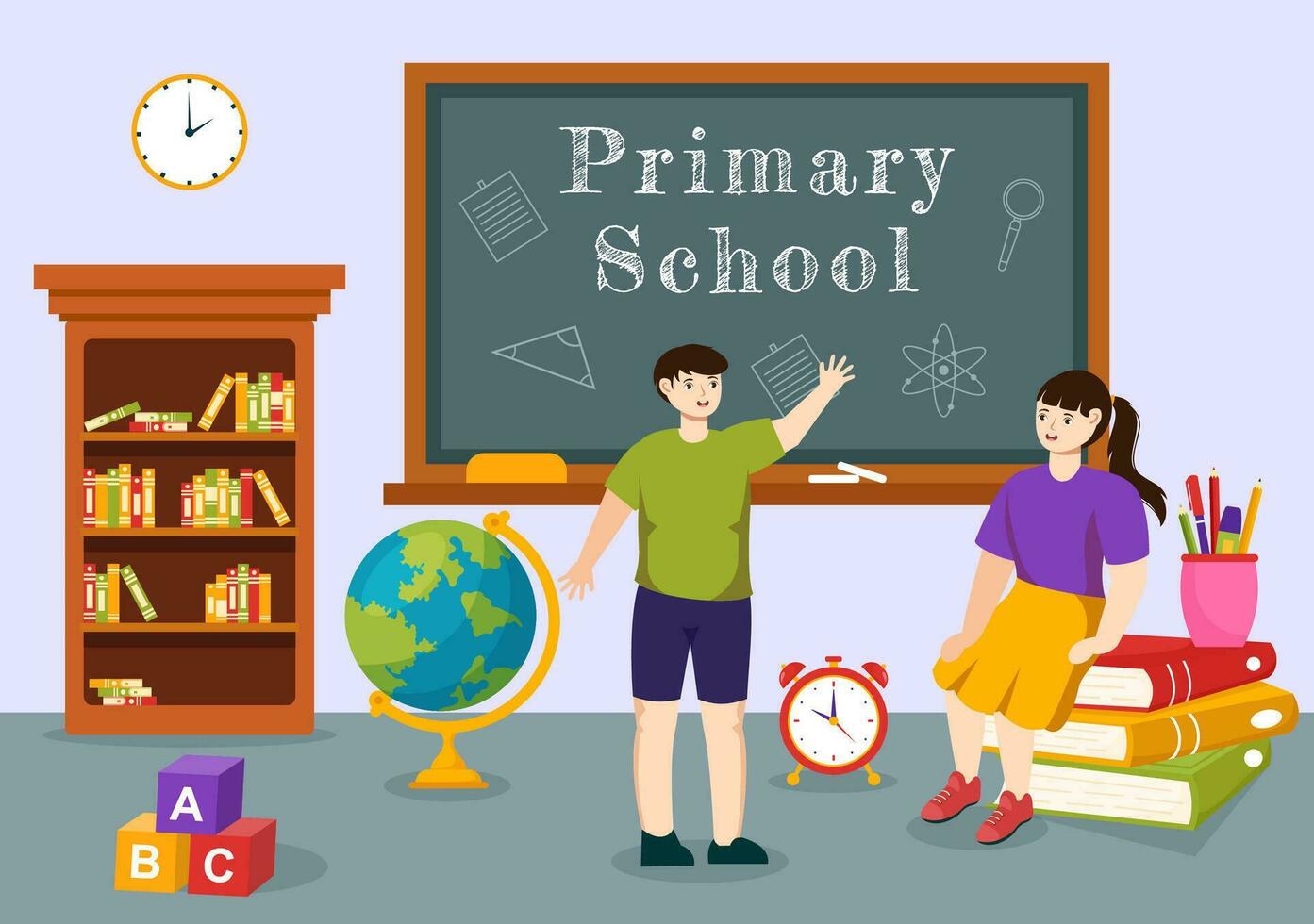 Primary School Vector Illustration of Students Children and School Building with The Concept of Learning and Knowledge in Flat Cartoon Background
