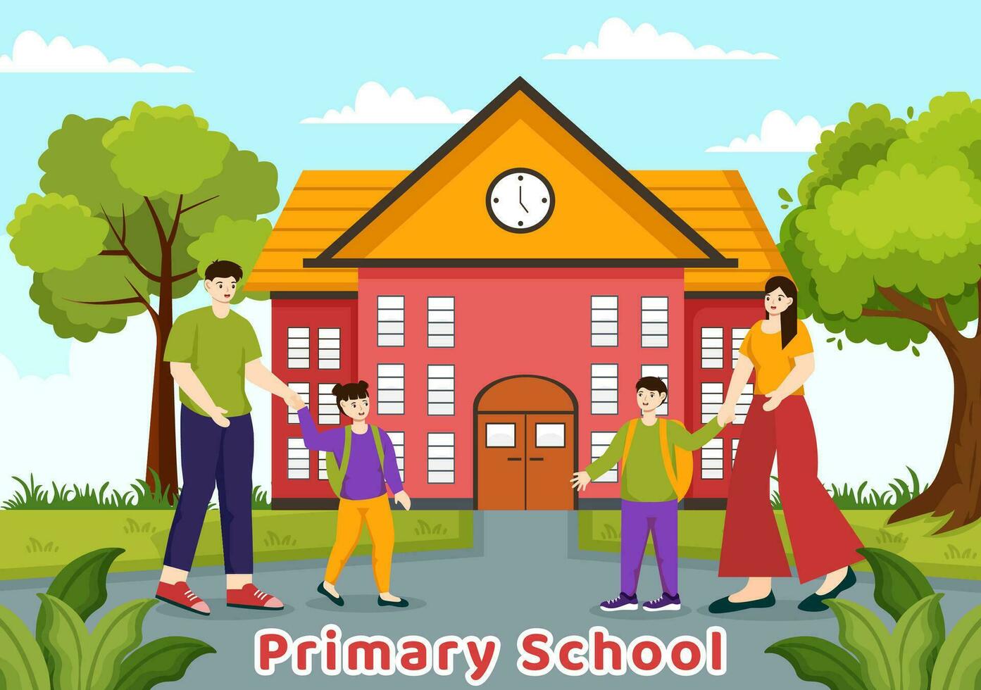primario colegio vector ilustración de estudiantes niños y colegio edificio con el concepto de aprendizaje y conocimiento en plano dibujos animados antecedentes