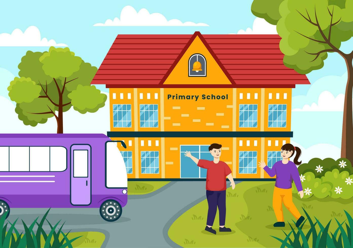 Primary School Vector Illustration of Students Children and School Building with The Concept of Learning and Knowledge in Flat Cartoon Background