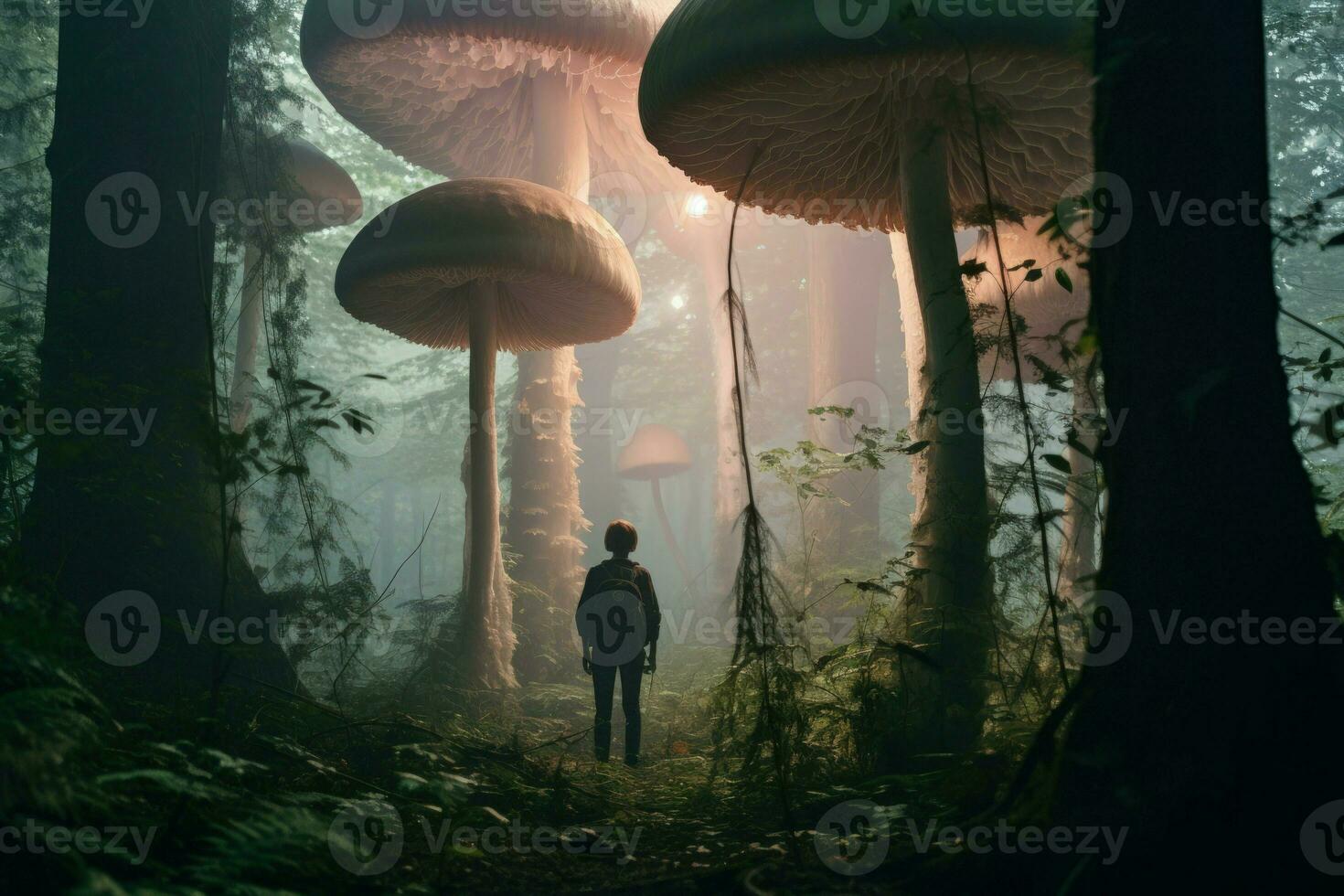 AI generated Giant talking mushrooms offering cryptic advice in dense forest groves - Generative AI photo