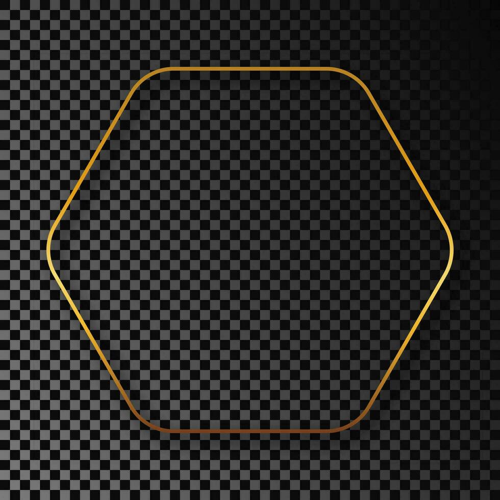 Gold glowing rounded hexagon frame with shadow isolated on dark background. Shiny frame with glowing effects. Vector illustration.