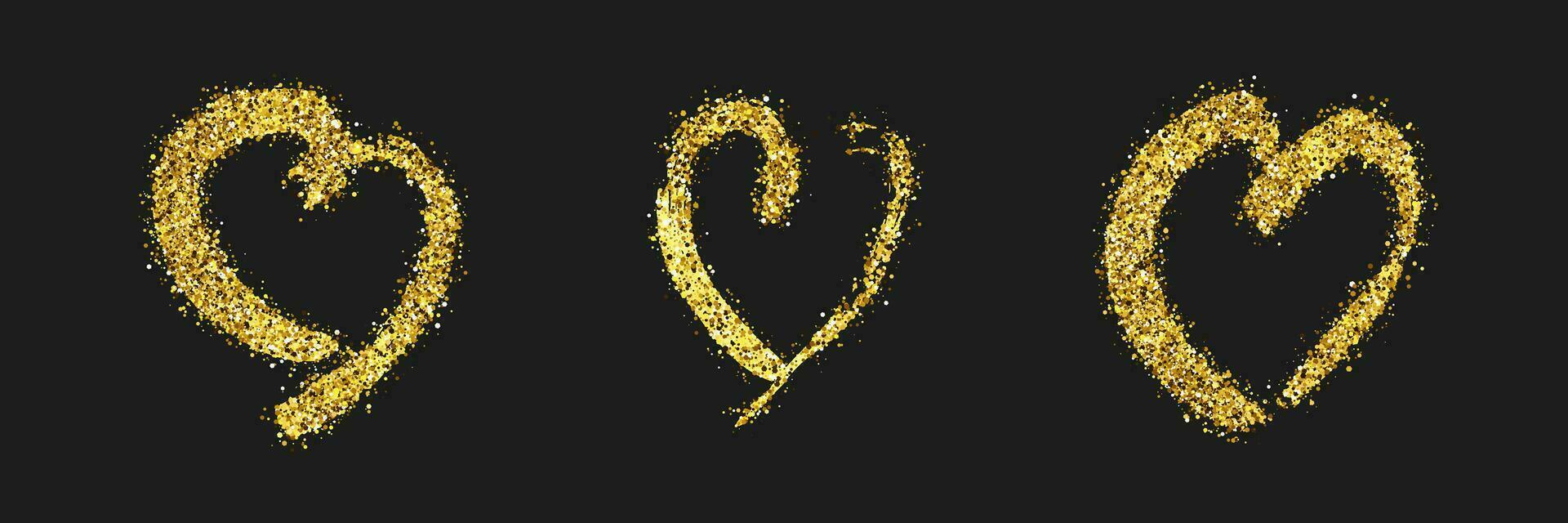 Set of three gold glitter doodle hearts on dark background. Gold grunge hand drawn heart. Romantic love symbol. Vector illustration.