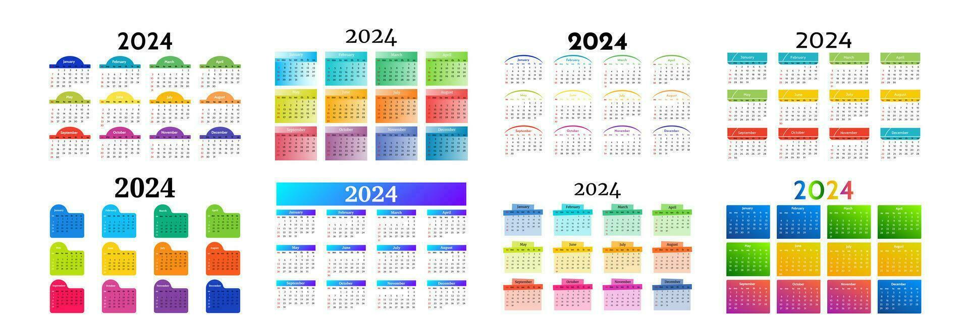 Set of eight calendars for 2024 isolated on a white background. Sunday to Monday, business template. Vector illustration