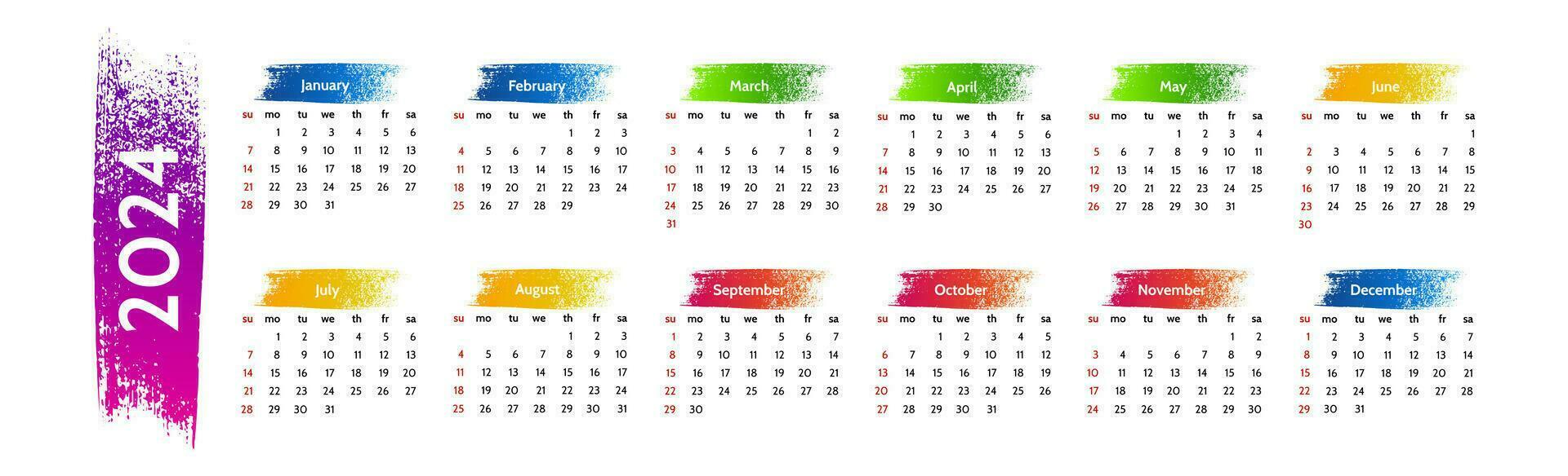 Horizontal calendar for 2024 isolated on a white background. Sunday to Monday, business template. Vector illustration