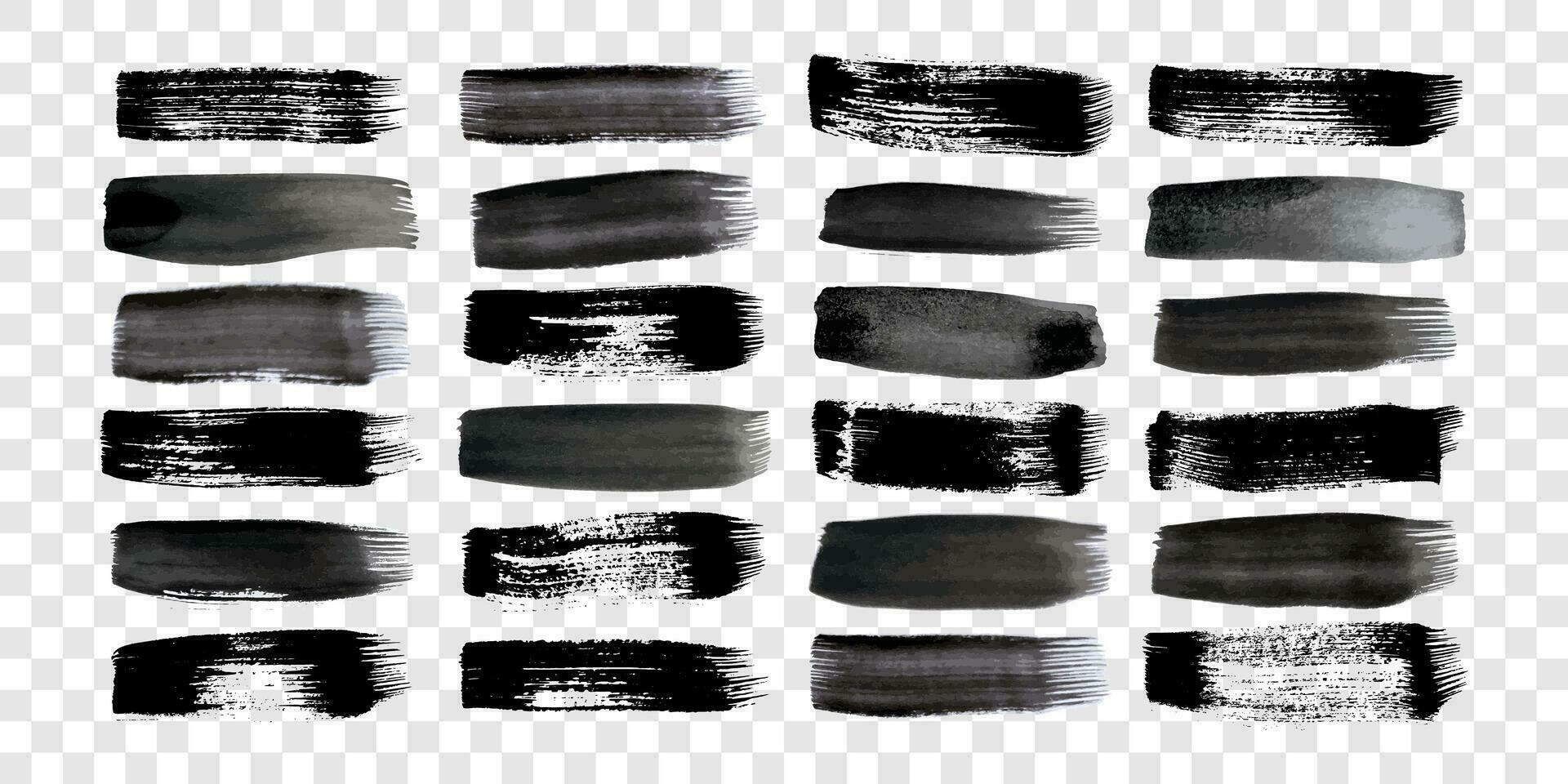 Black grunge brush strokes. Big set of painted ink stripes. Ink spot isolated on white background. Vector illustration