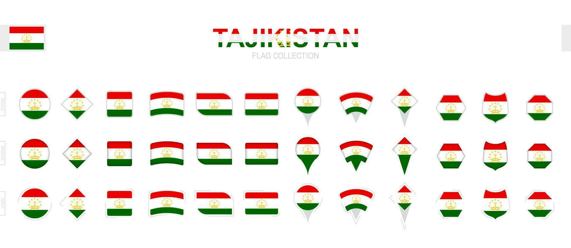 Large collection of Tajikistan flags of various shapes and effects. vector
