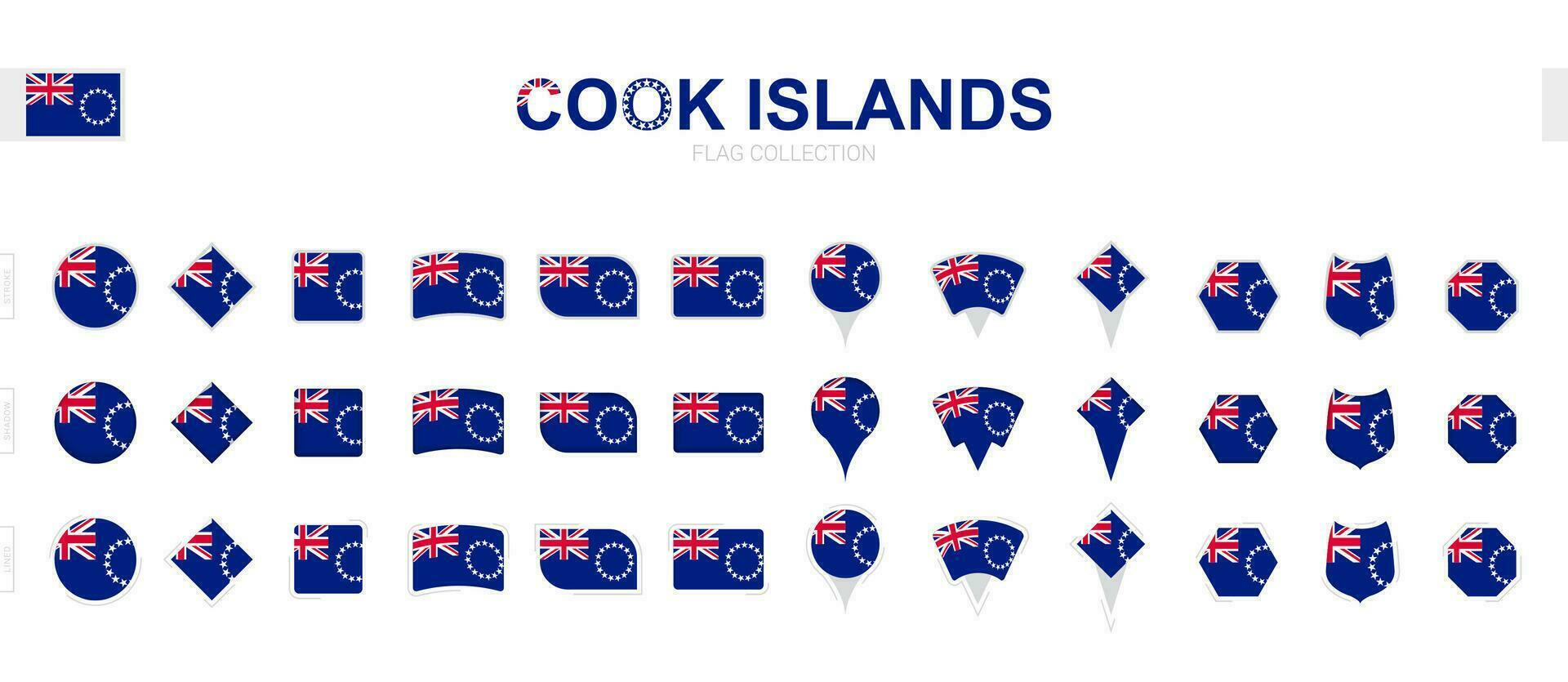 Large collection of Cook Islands flags of various shapes and effects. vector