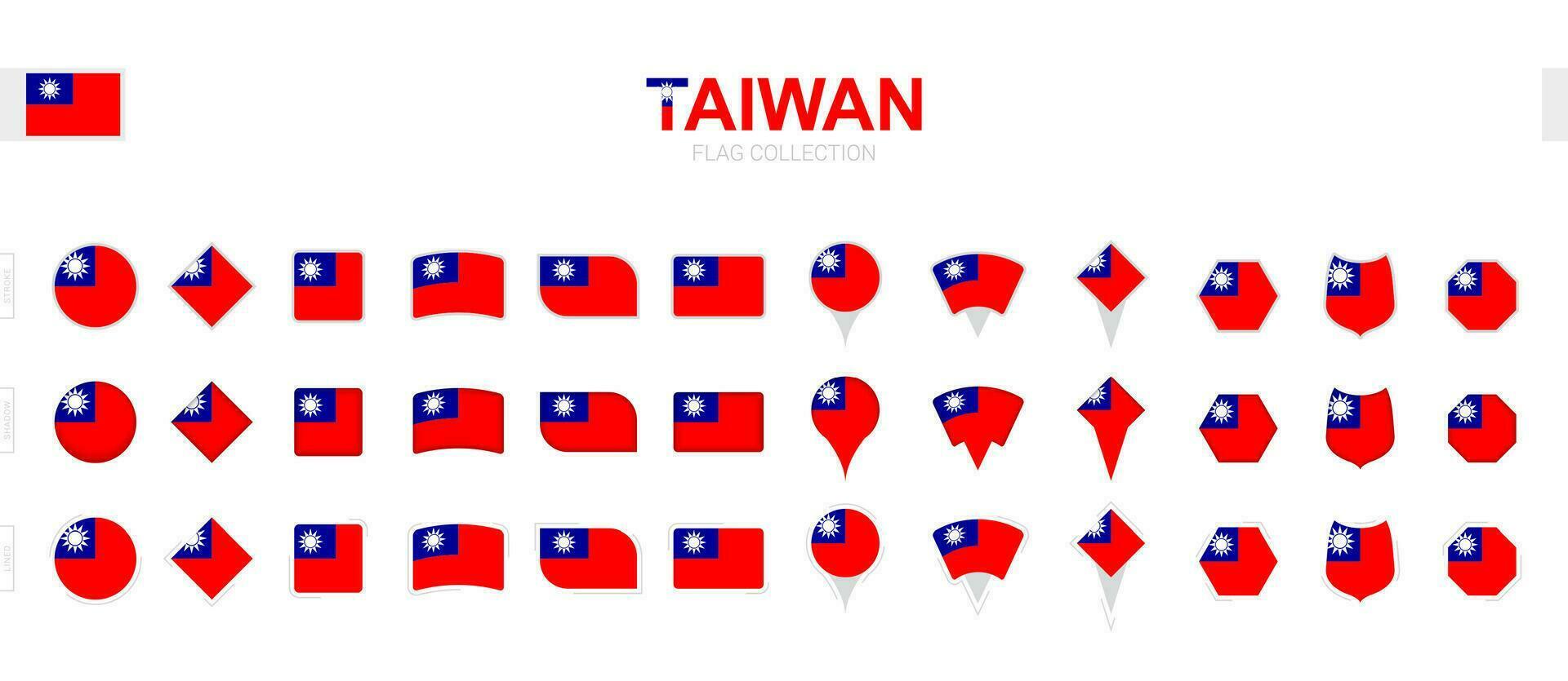 Large collection of Taiwan flags of various shapes and effects. vector