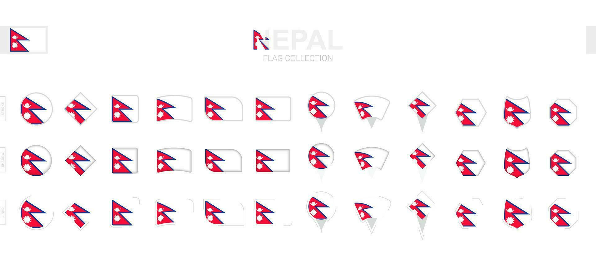 Large collection of Nepal flags of various shapes and effects. vector