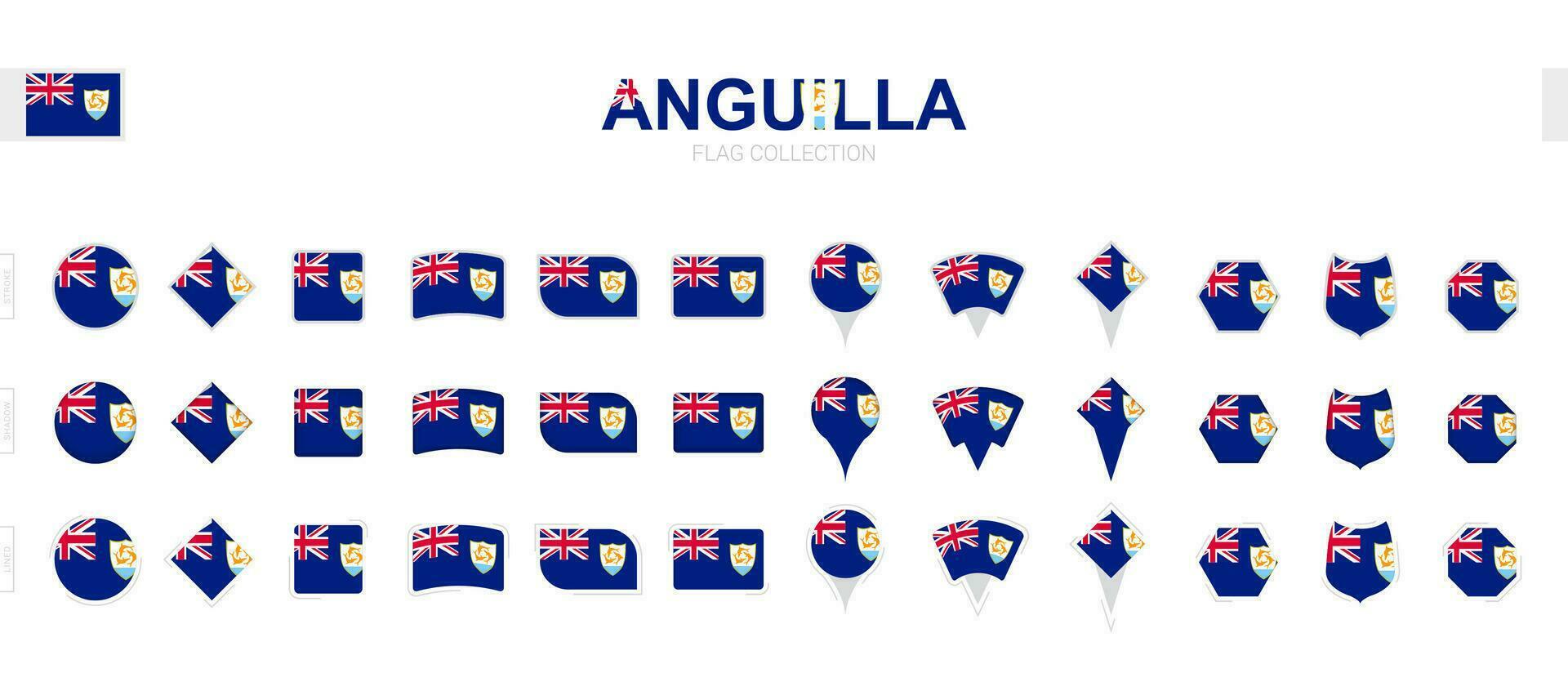 Large collection of Anguilla flags of various shapes and effects. vector