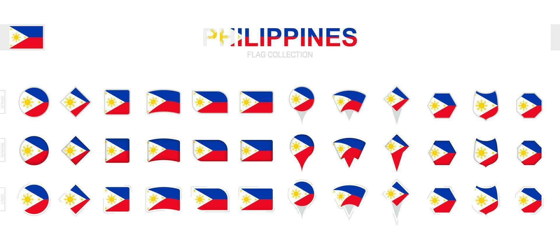 Large collection of Philippines flags of various shapes and effects. vector