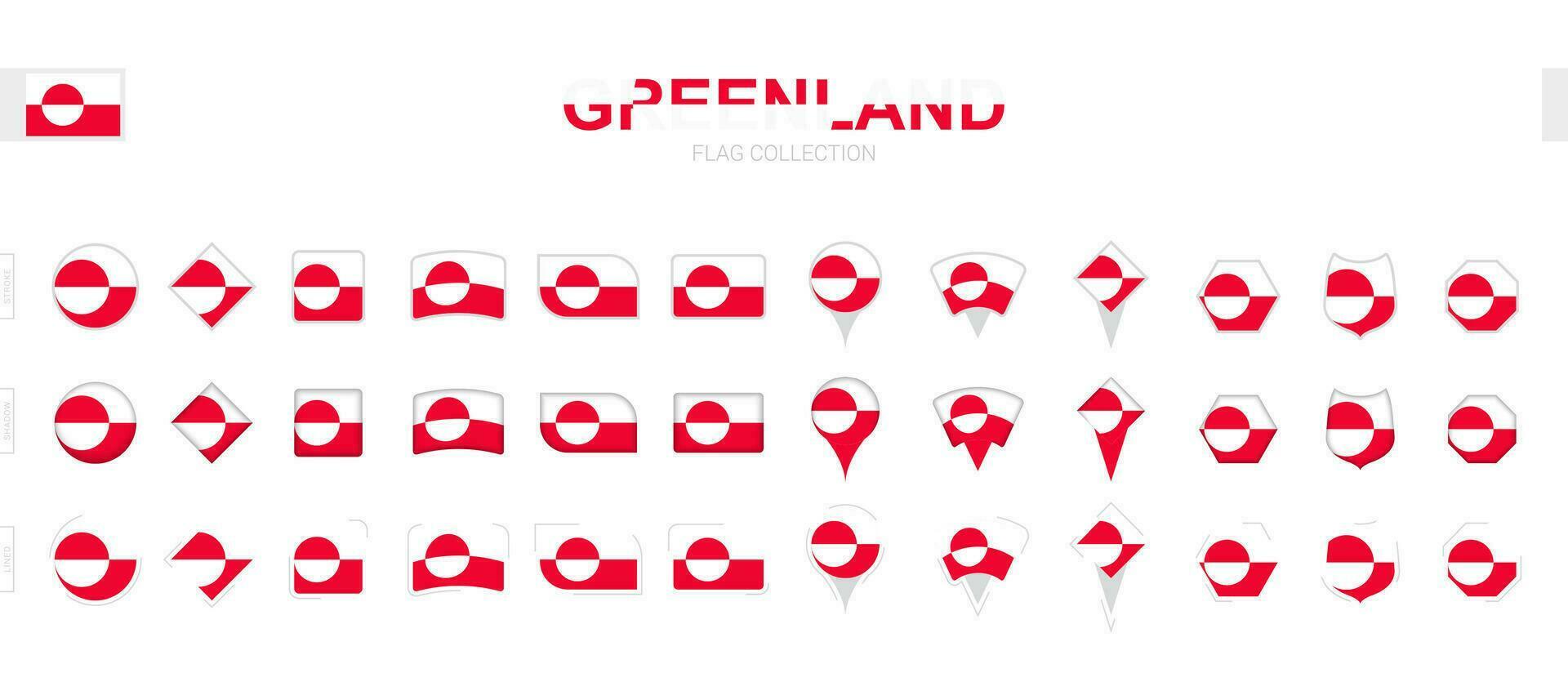 Large collection of Greenland flags of various shapes and effects. vector