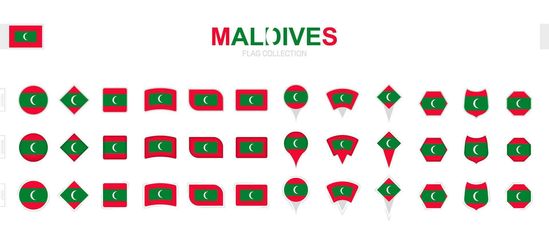 Large collection of Maldives flags of various shapes and effects. vector