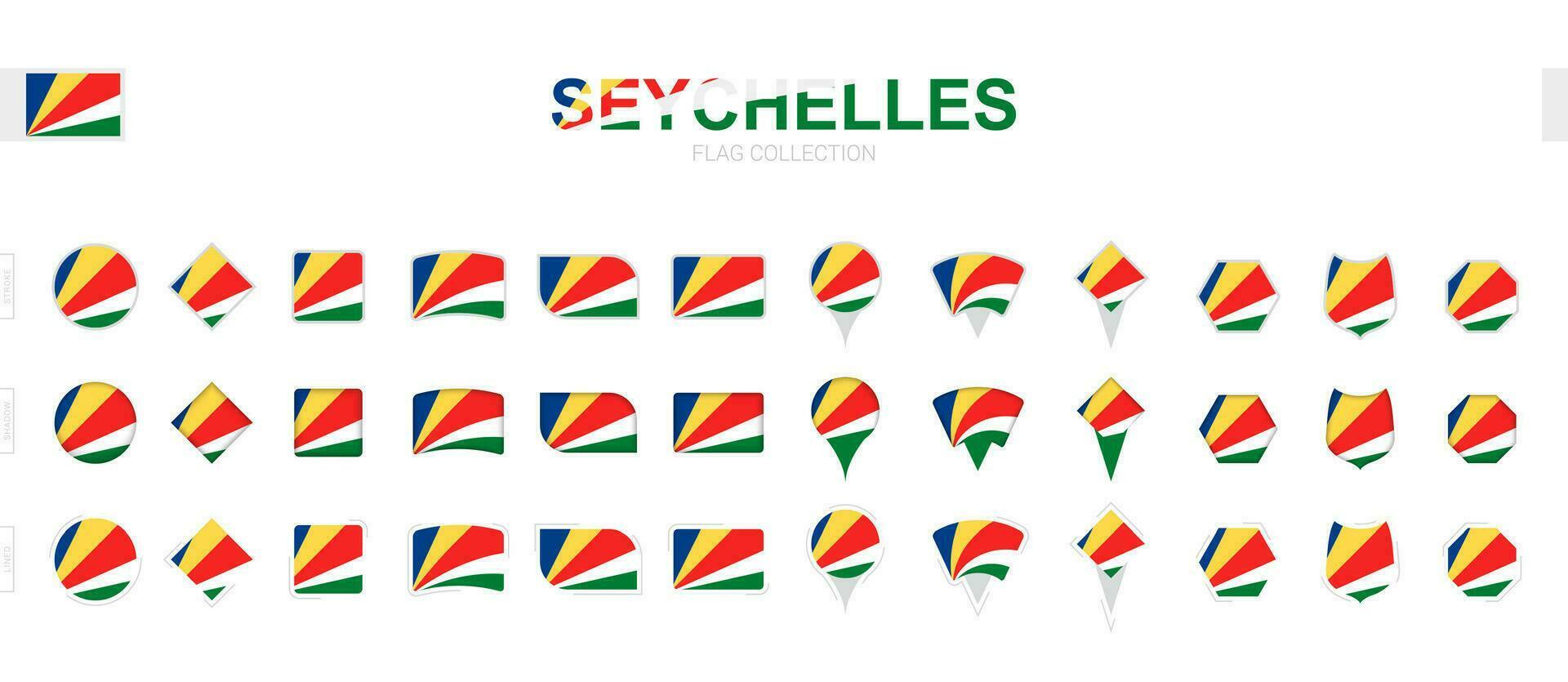 Large collection of Seychelles flags of various shapes and effects. vector