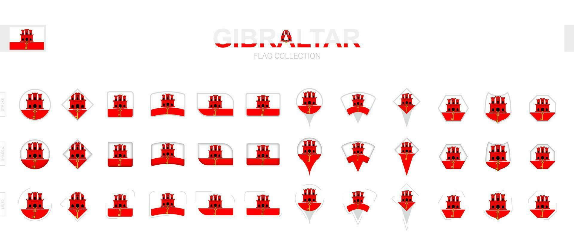 Large collection of Gibraltar flags of various shapes and effects. vector