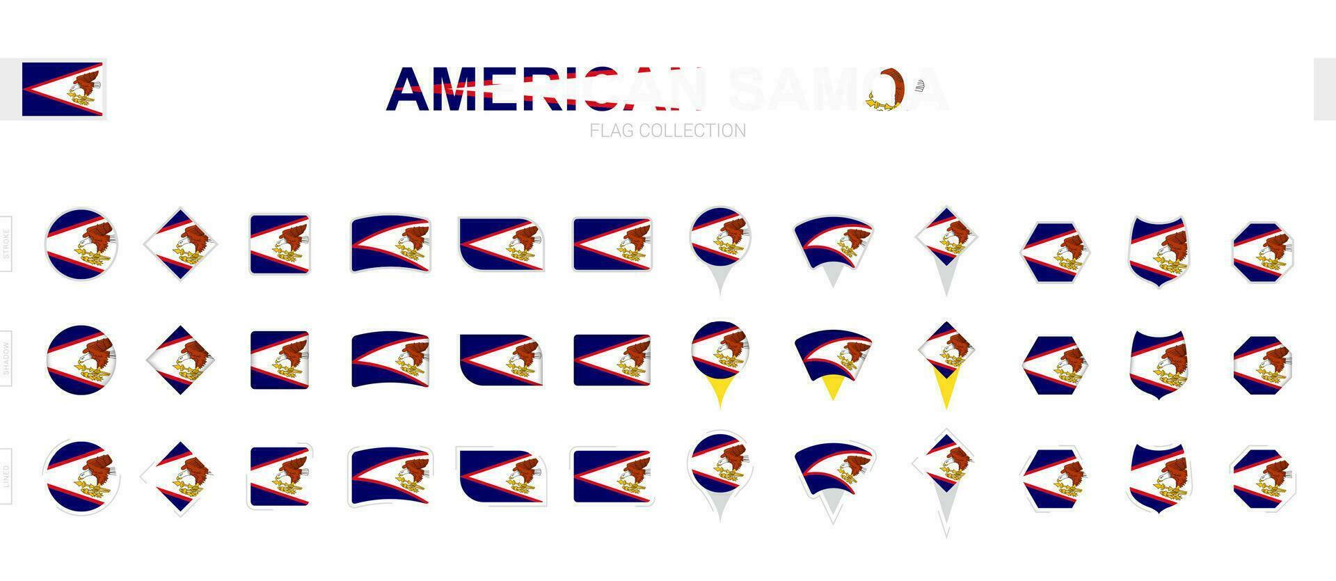 Large collection of American Samoa flags of various shapes and effects. vector