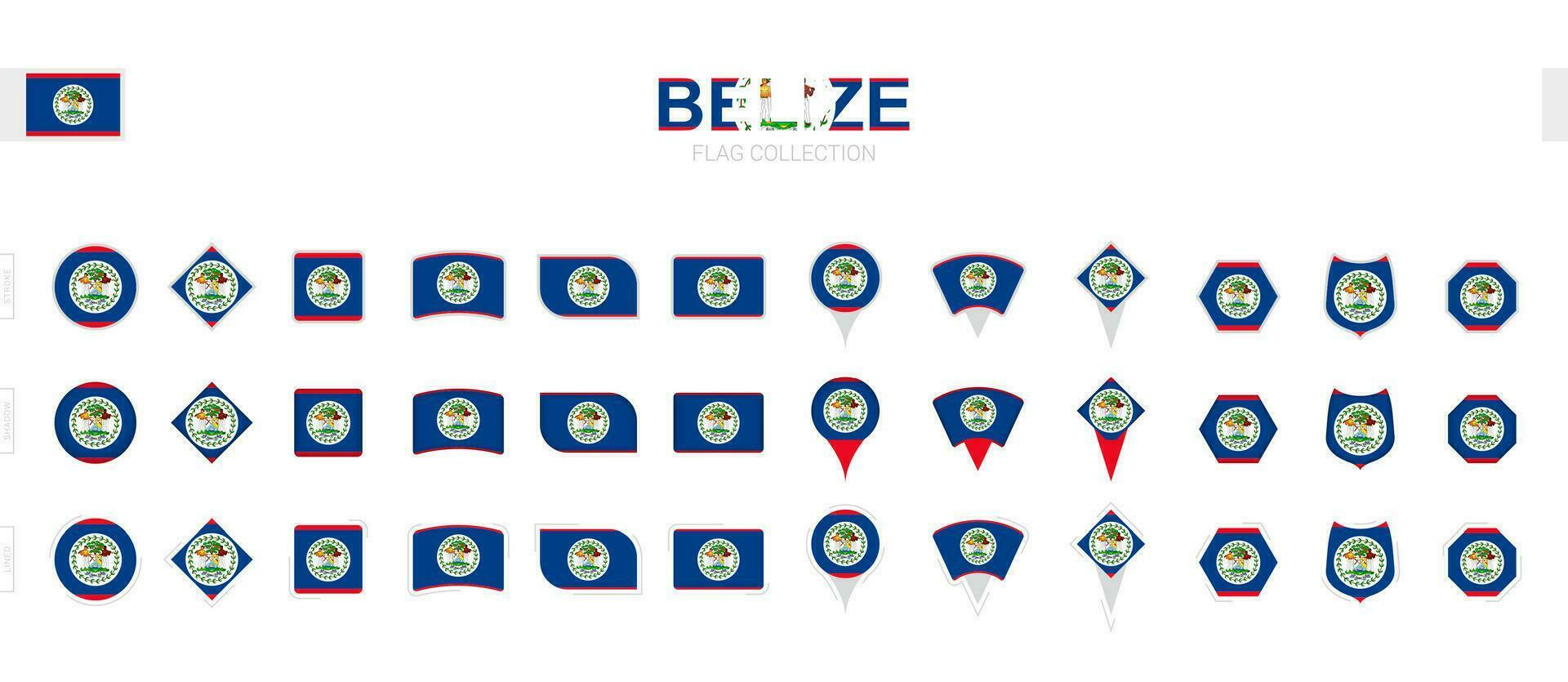 Large collection of Belize flags of various shapes and effects. vector