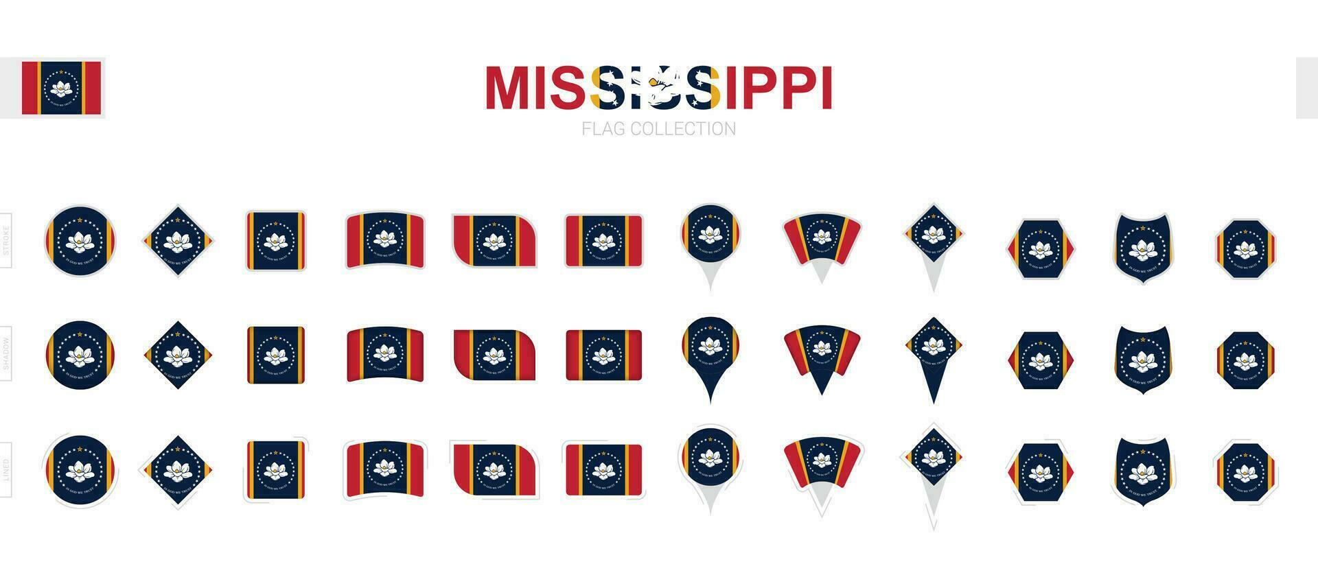 Large collection of Mississippi flags of various shapes and effects. vector