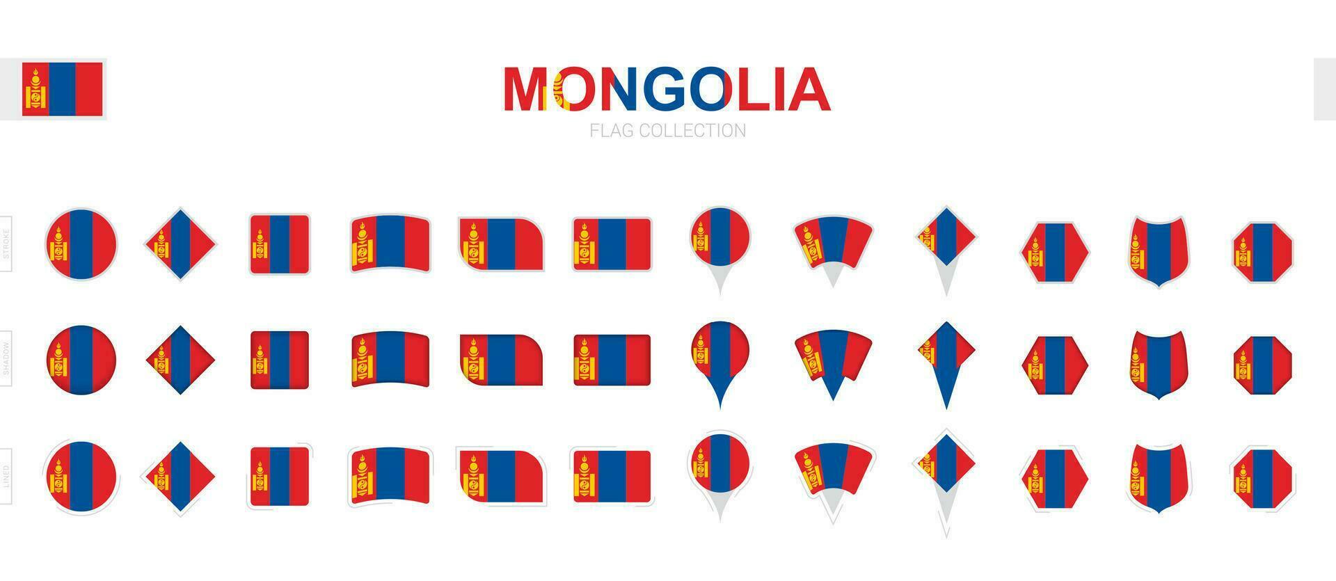 Large collection of Mongolia flags of various shapes and effects. vector