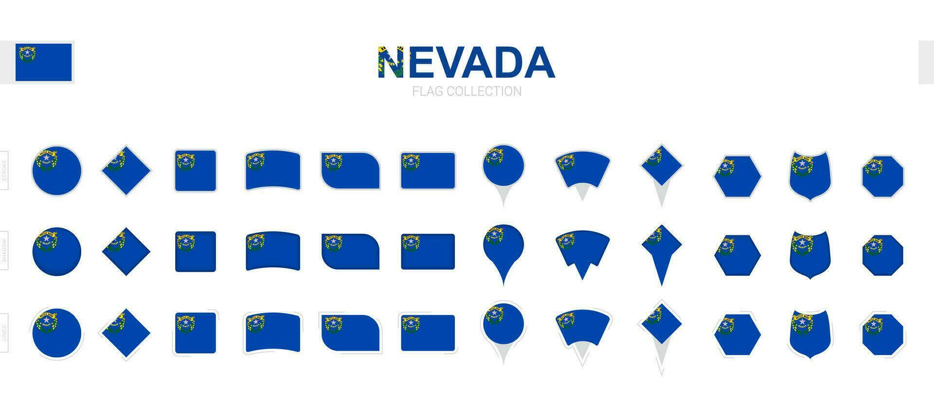 Large collection of Nevada flags of various shapes and effects. vector