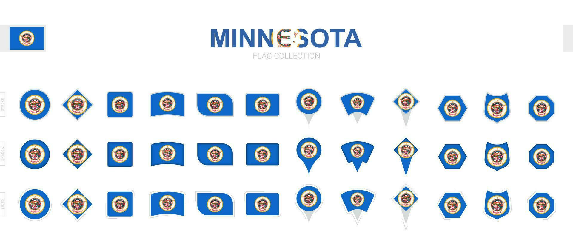 Large collection of Minnesota flags of various shapes and effects. vector