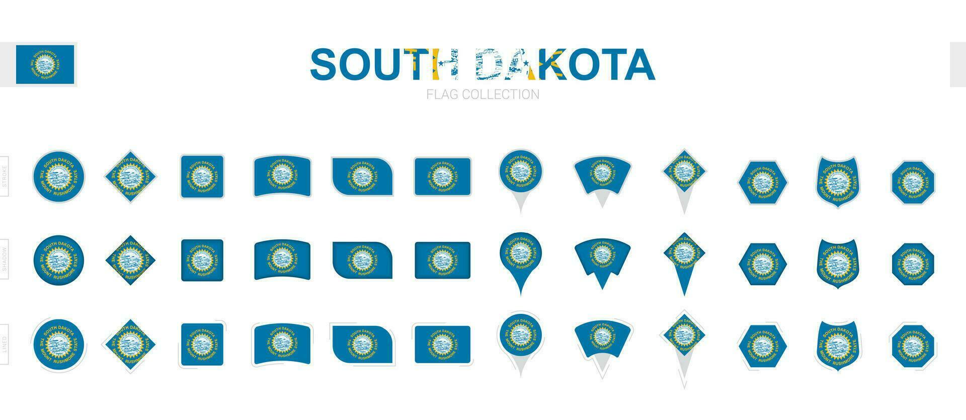 Large collection of South Dakota flags of various shapes and effects. vector