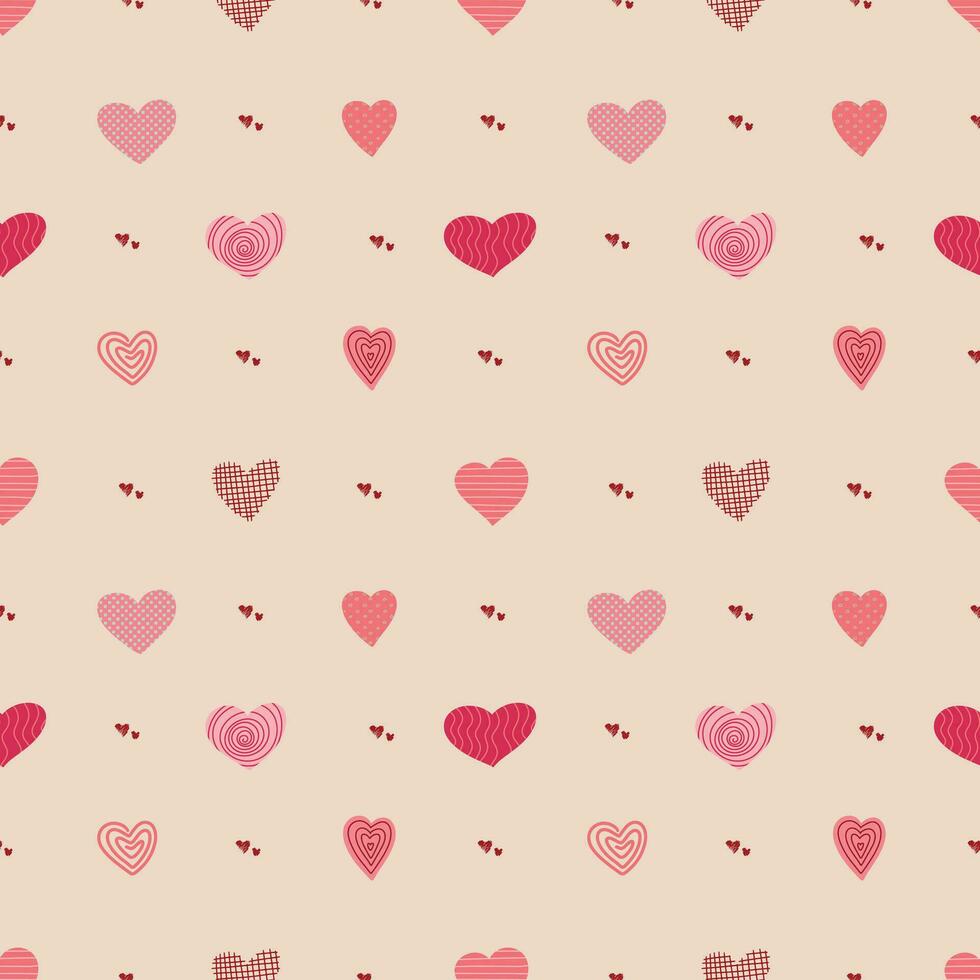 Valentine's Day Holiday Hand-Drawn Trendy Vector Seamless Pattern. Pink and Red Brushstrokes Abstract Hearts on Cream Background. Elegant Whimsical Feminine Print for Fashion, Packaging, Wrapping