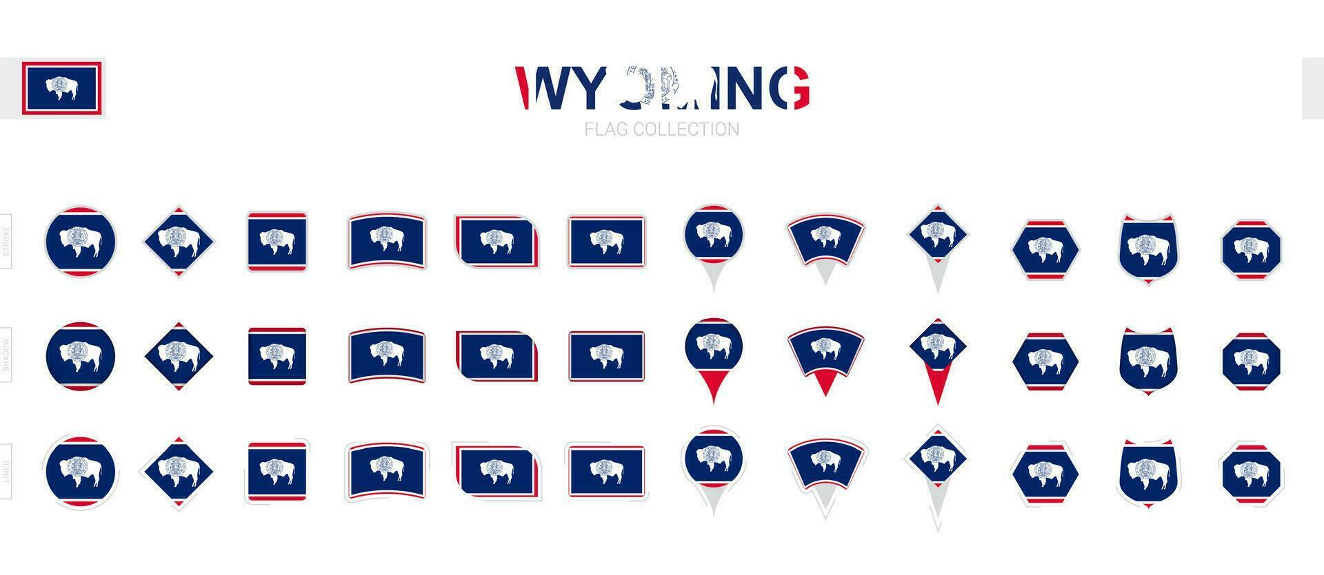 Large collection of Wyoming flags of various shapes and effects. vector