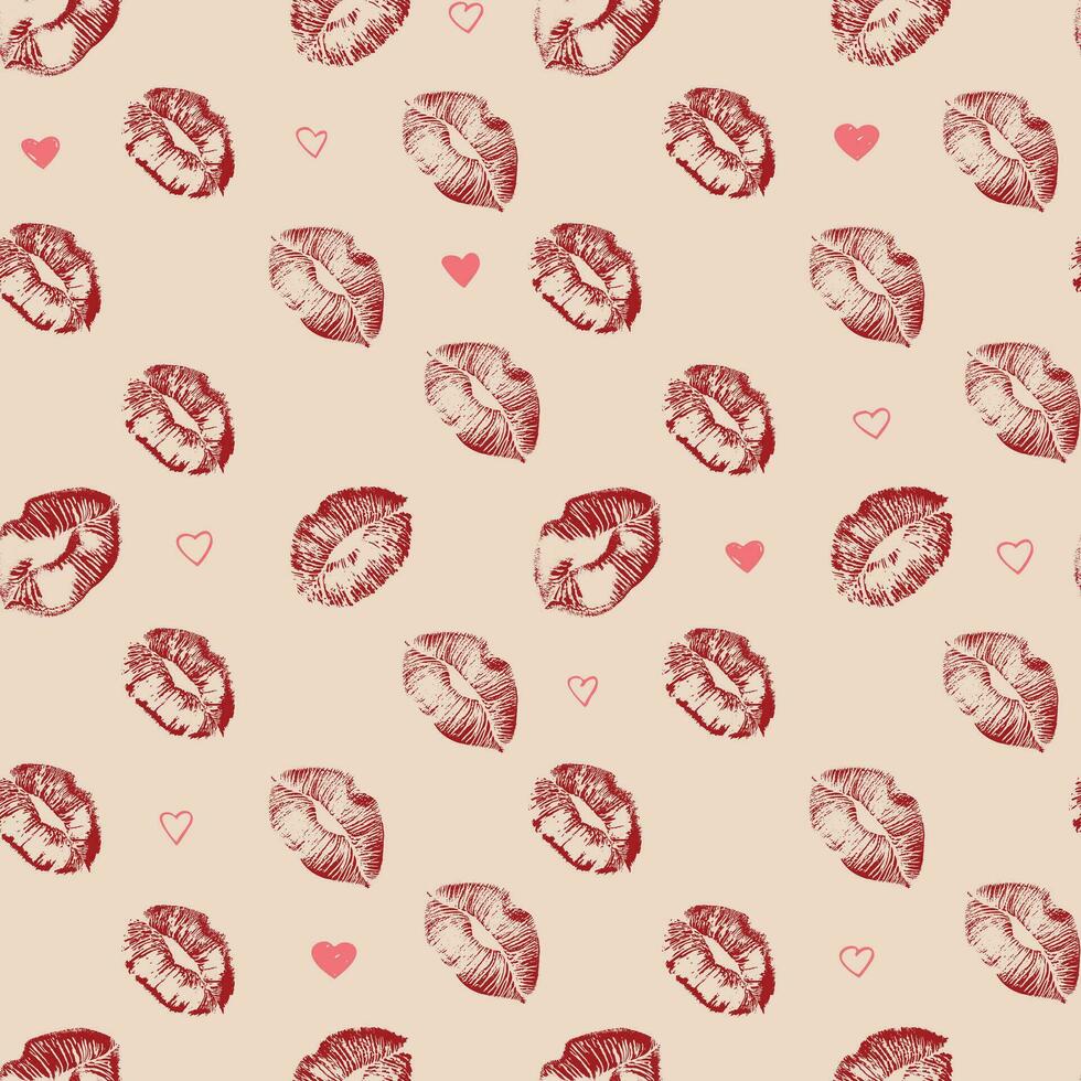 Seamless pattern Red lipstick kiss on white background. Vector flat illustration for design. Printing of the lips.