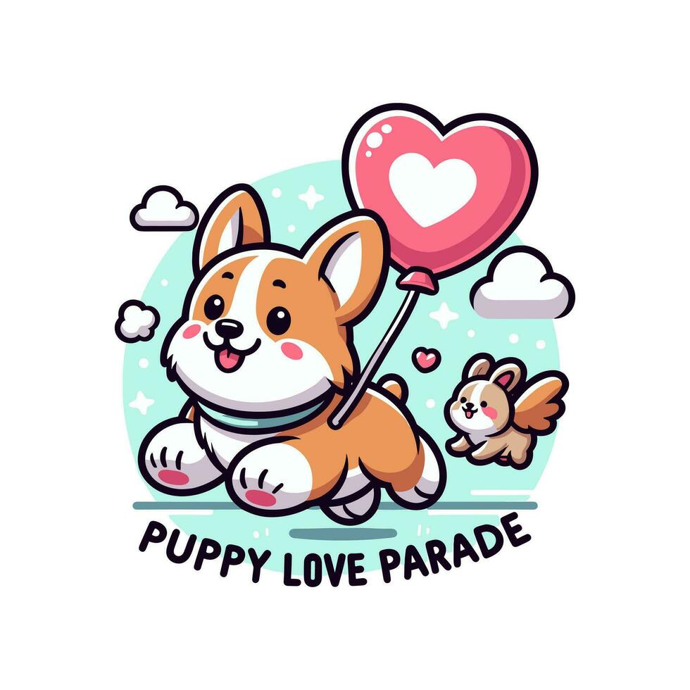 Cute Corgi Dog Flying With Love Balloon Cartoon Vector Icon Illustration