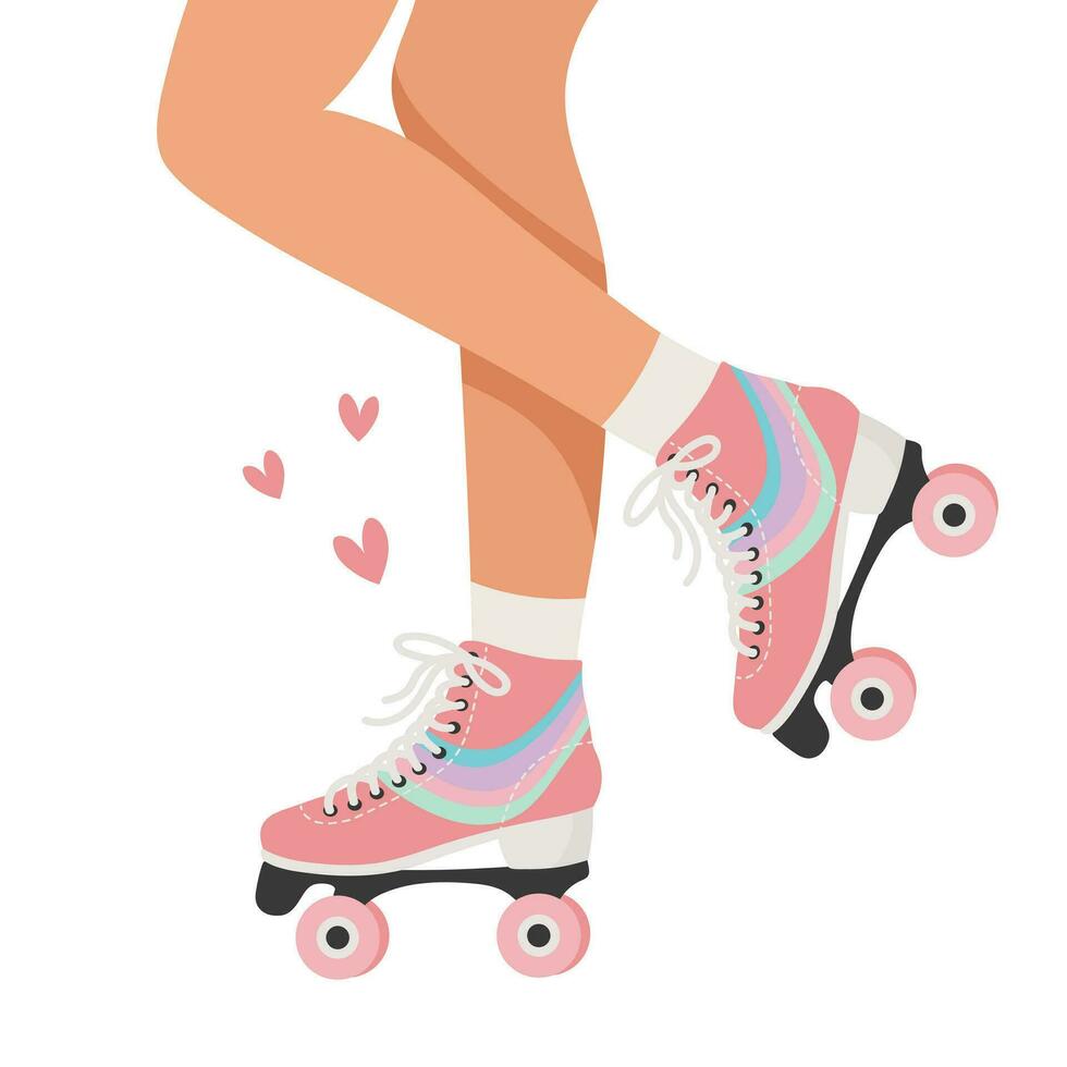Legs of a girl in retro roller skates and socks. Woman on roller skates. Retro illustration in flat style. Vector