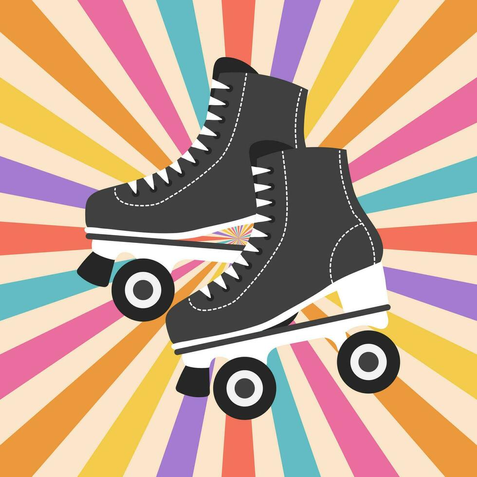 Vintage roller skates on a rainbow background. Retro icon, illustration in flat cartoon style. Vector