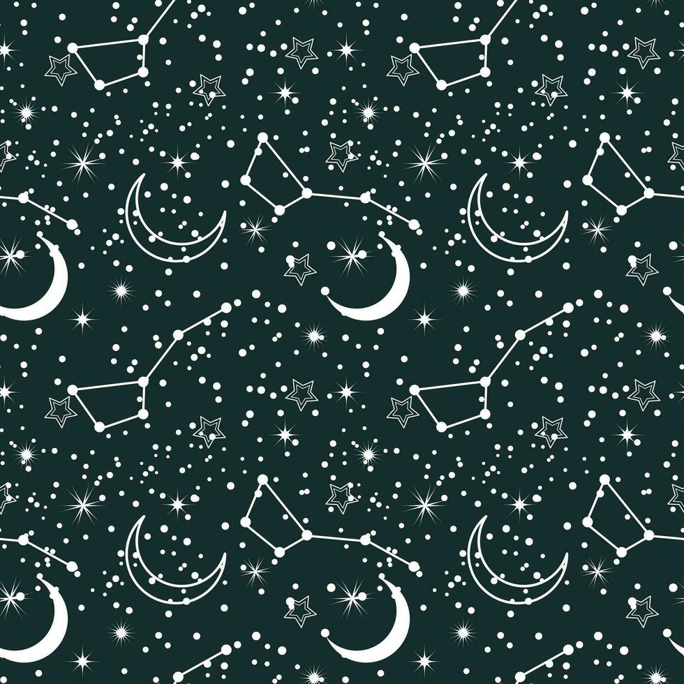 sin costura patrón, luna, constelaciones, estrellas y dispersión de estrellas en un antecedentes de el noche cielo. fondo, textil, vector