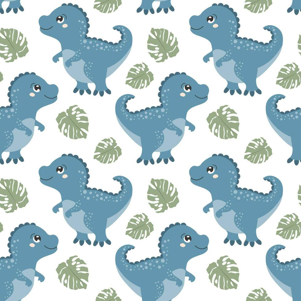 Seamless pattern, cute funny dinosaurs and tropical leaves on a white background. Kids print, textile, wallpaper, vector