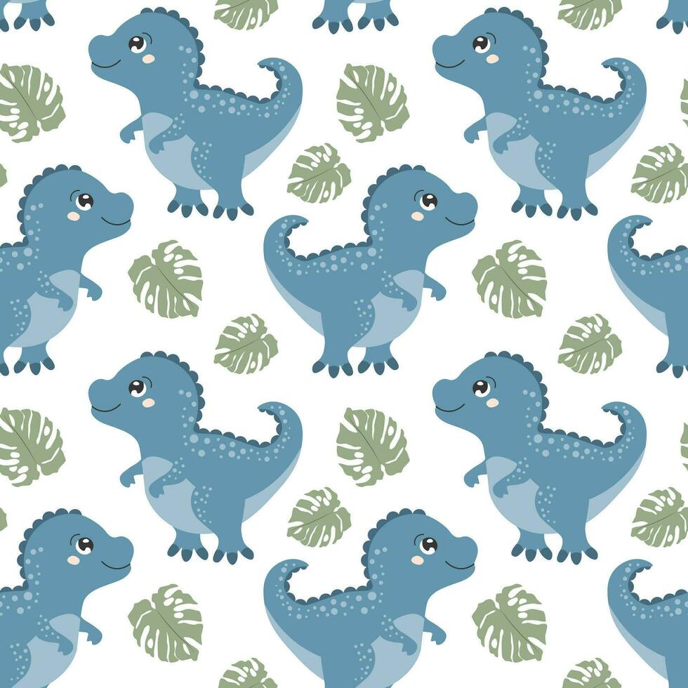 sin costura patrón, linda gracioso dinosaurios y tropical hojas en un blanco antecedentes. niños imprimir, textil, fondo de pantalla, vector