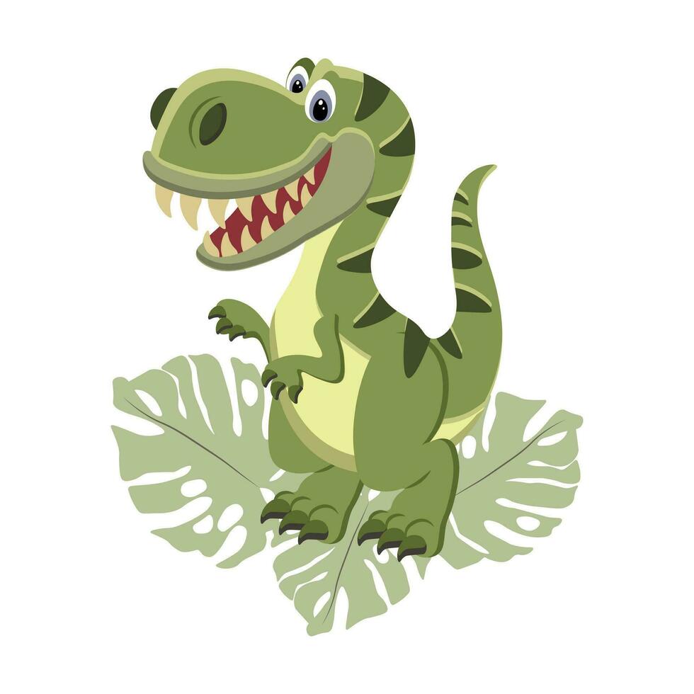 Cute funny cartoon dinosaur on a white background. Print, illustrtation, vector