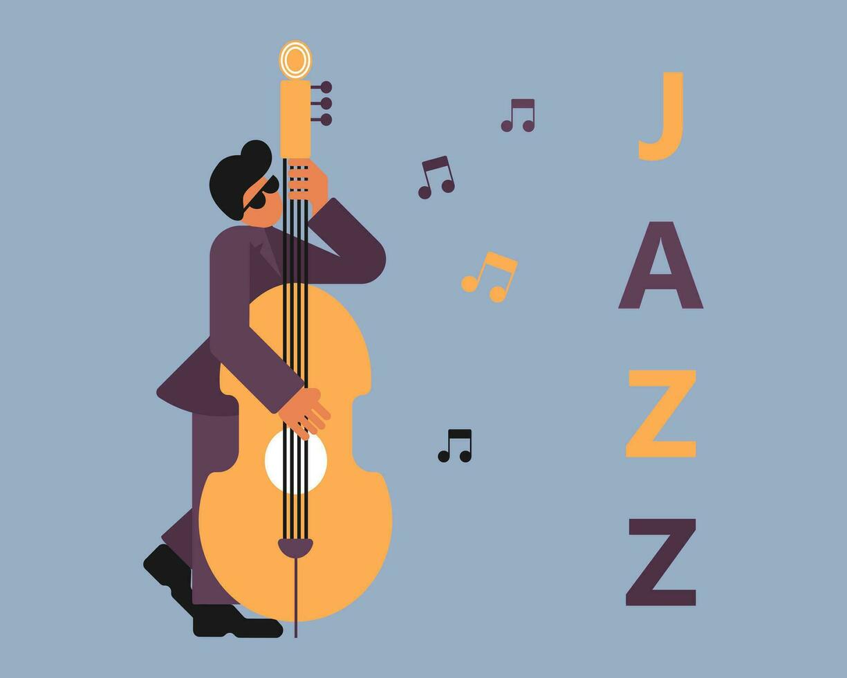 jazz póster, músico con doble bajo. música bandera, invitación, volantes. plano estilo, vector