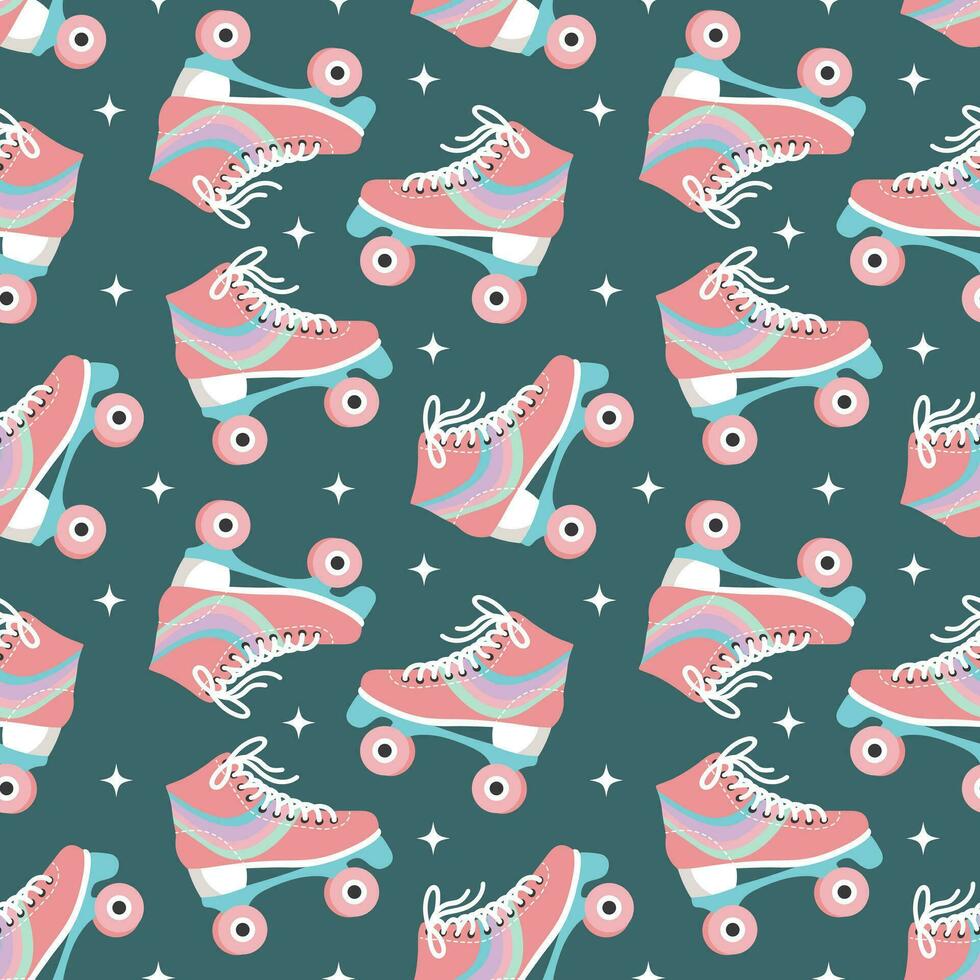 Seamless pattern with cute retro roller skates. Vintage texture for children's textiles, wrapping paper. Cartoon background for girls. Vector