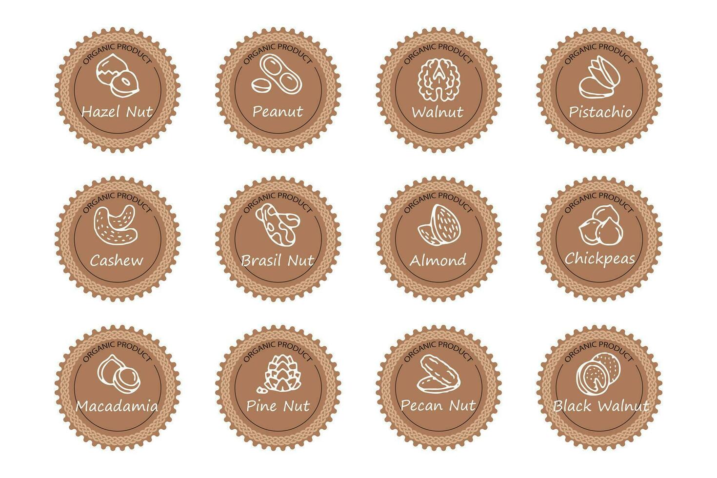 Set of labels with different nuts. Walnut, hazelnut, peanut, almond. Stickers, design elements, vector