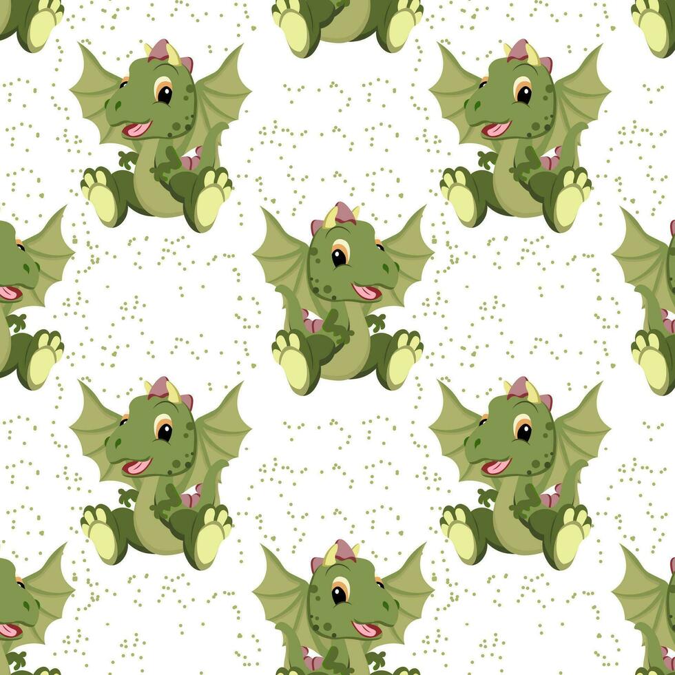 Seamless pattern, cute funny dinosaurs and tropical leaves on a white background. Kids print, textile, wallpaper, vector